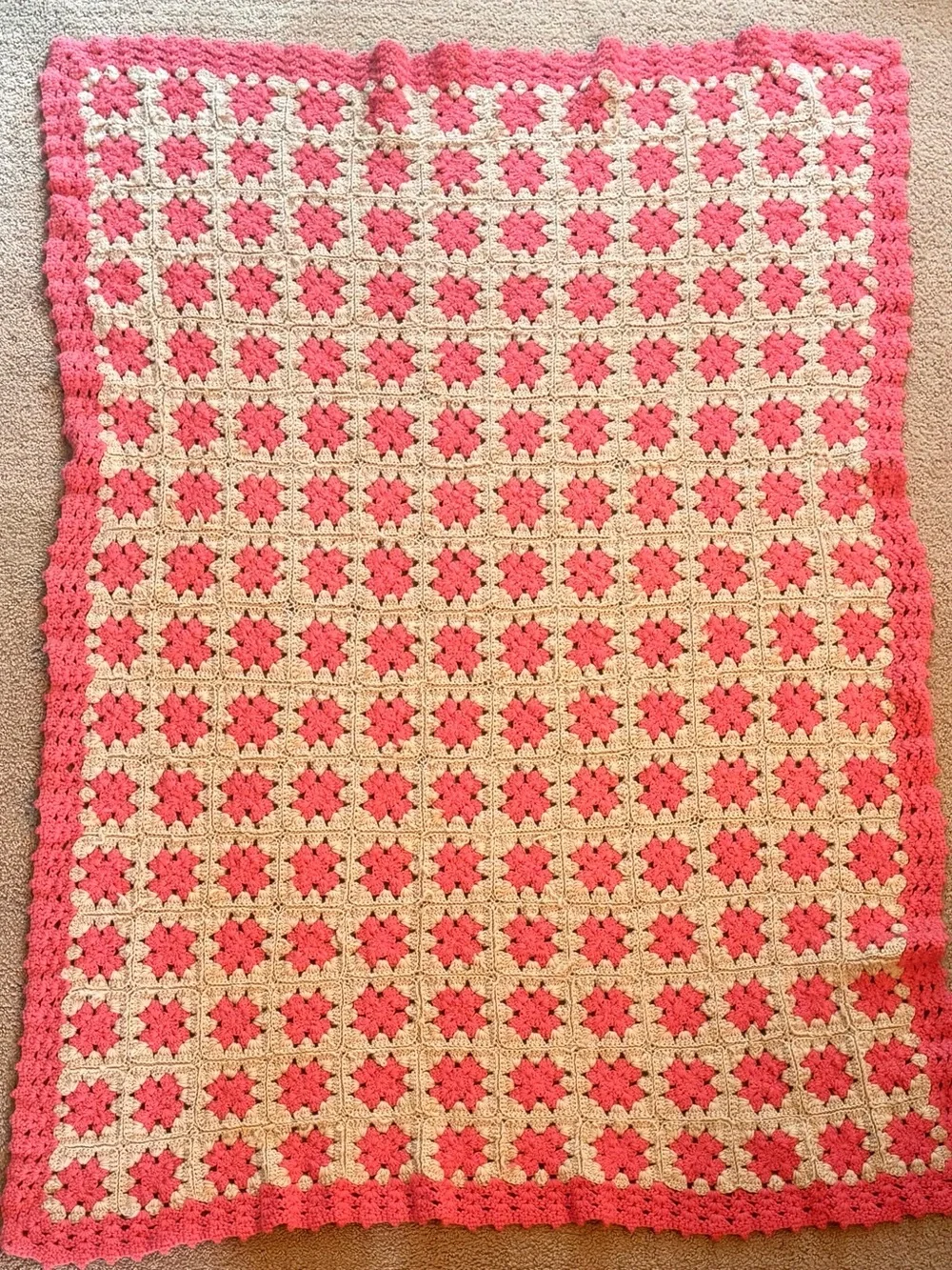 Vintage 70s Boho Crocheted Pink Gray Floral Granny Square Afghan Throw